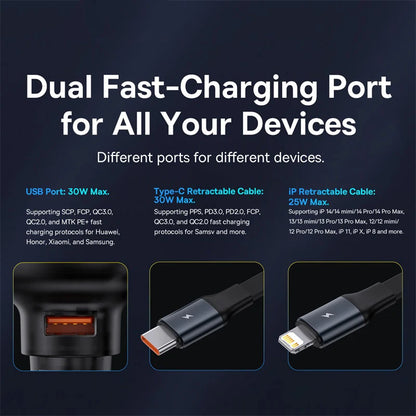 Baseus 60W Car Charger 2 in 1 Retractable Cable SCP 25W QC PD 30W